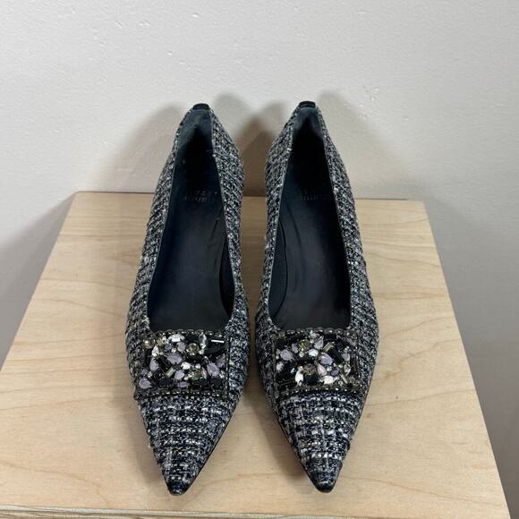 Stuart Weitzman Kitten Heels Tweed Crystal Rhinestone Embellished Pointed Toe 8 - Picture 5 of 9